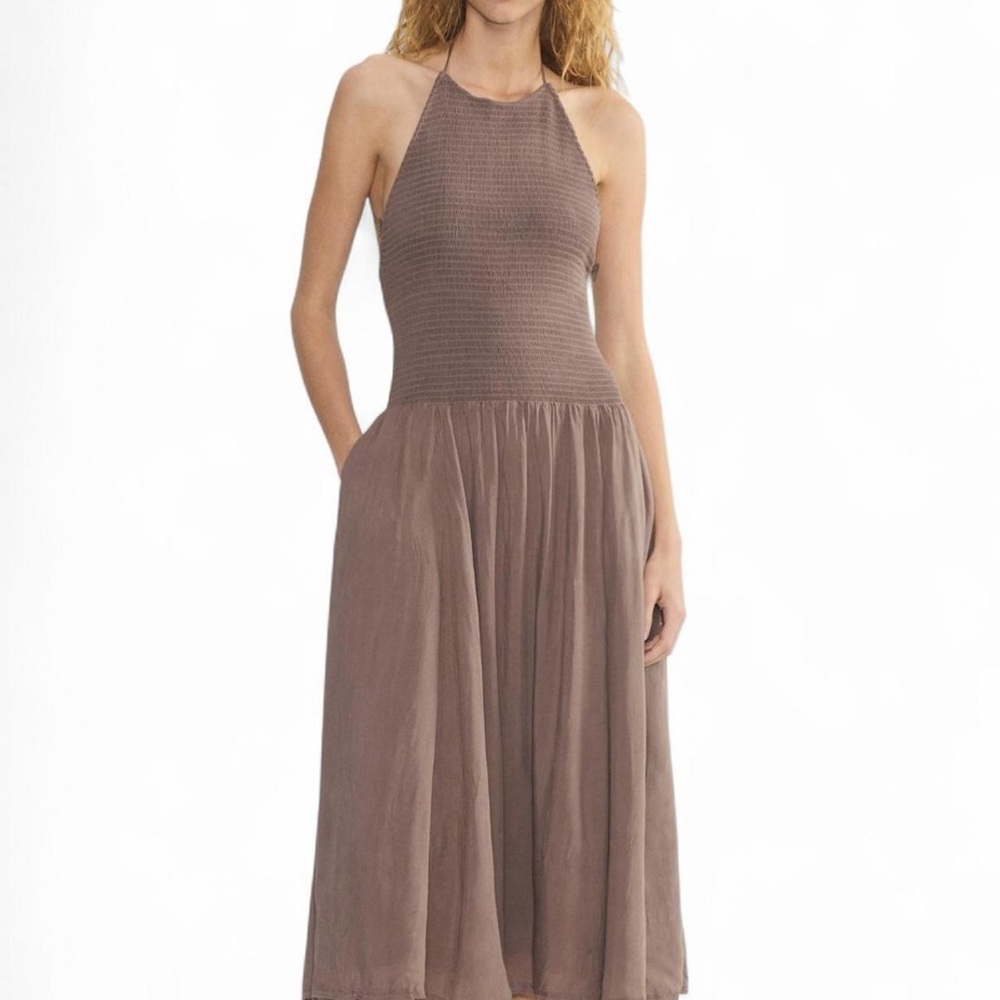 Aritzia Taupe Halter Smocked Maxi Dress